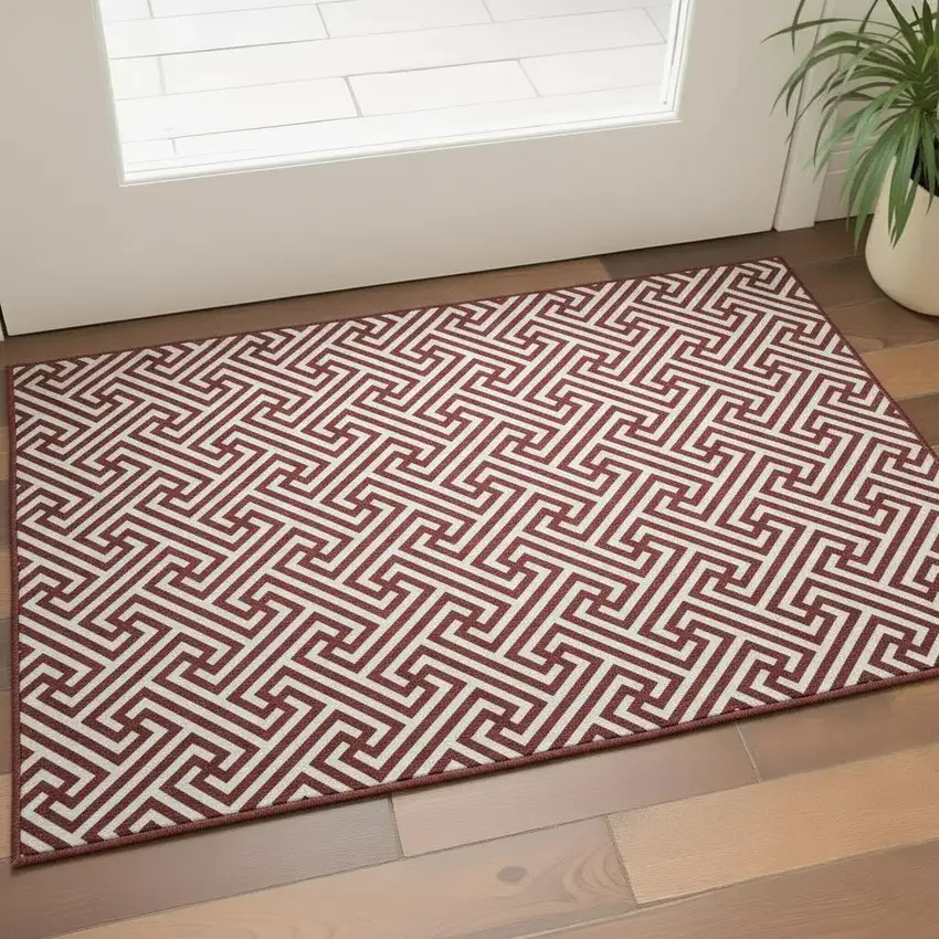 Merlot And Ivory Geometric Washable Area Rug With UV Protection Photo 2