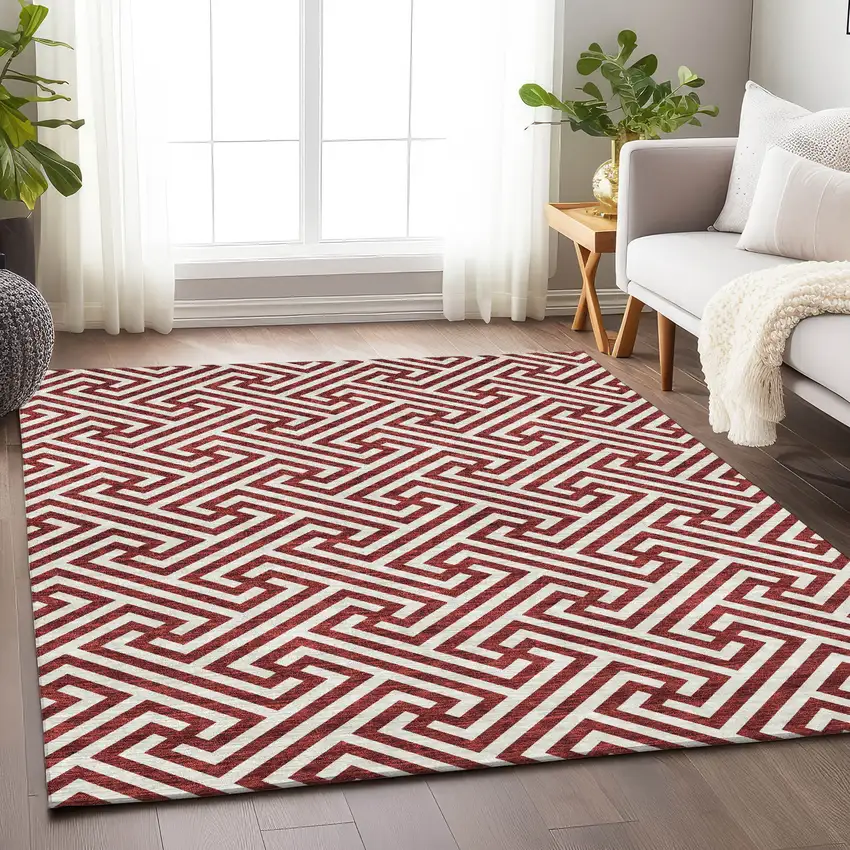 Merlot And Ivory Geometric Washable Area Rug With UV Protection Photo 5