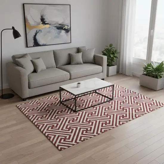 Merlot And Ivory Geometric Washable Area Rug With UV Protection Photo 2