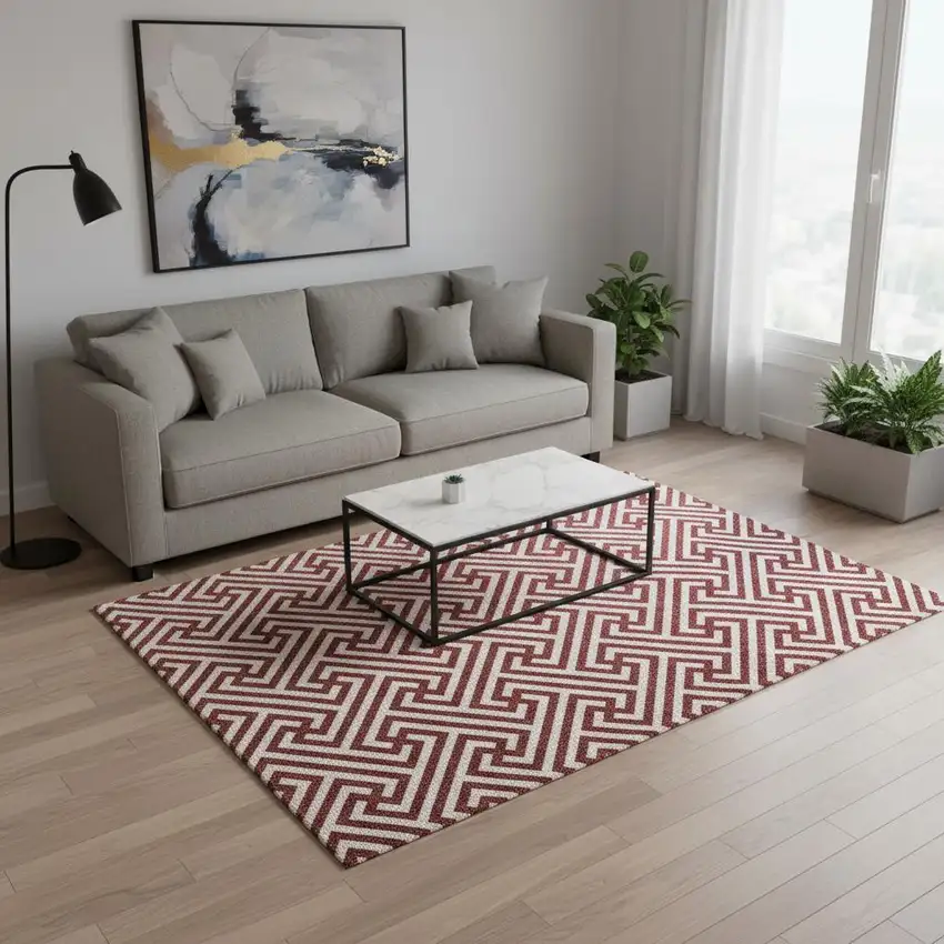 Merlot And Ivory Geometric Washable Area Rug With UV Protection Photo 2