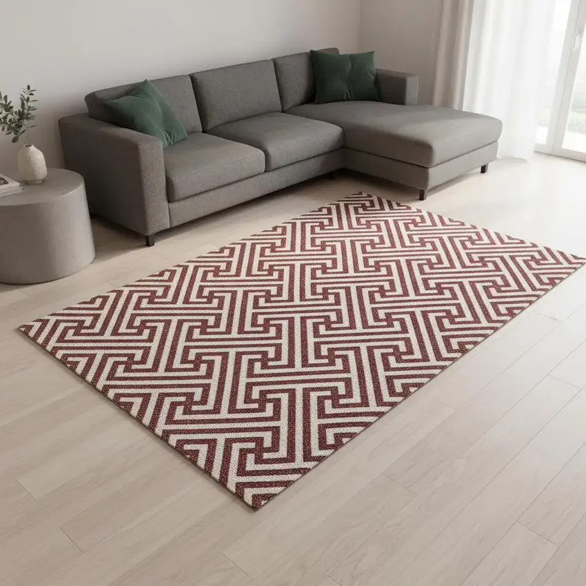 Merlot And Ivory Geometric Washable Area Rug With UV Protection Photo 2