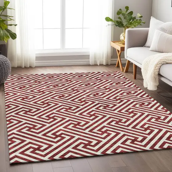 Merlot And Ivory Geometric Washable Area Rug With UV Protection Photo 5