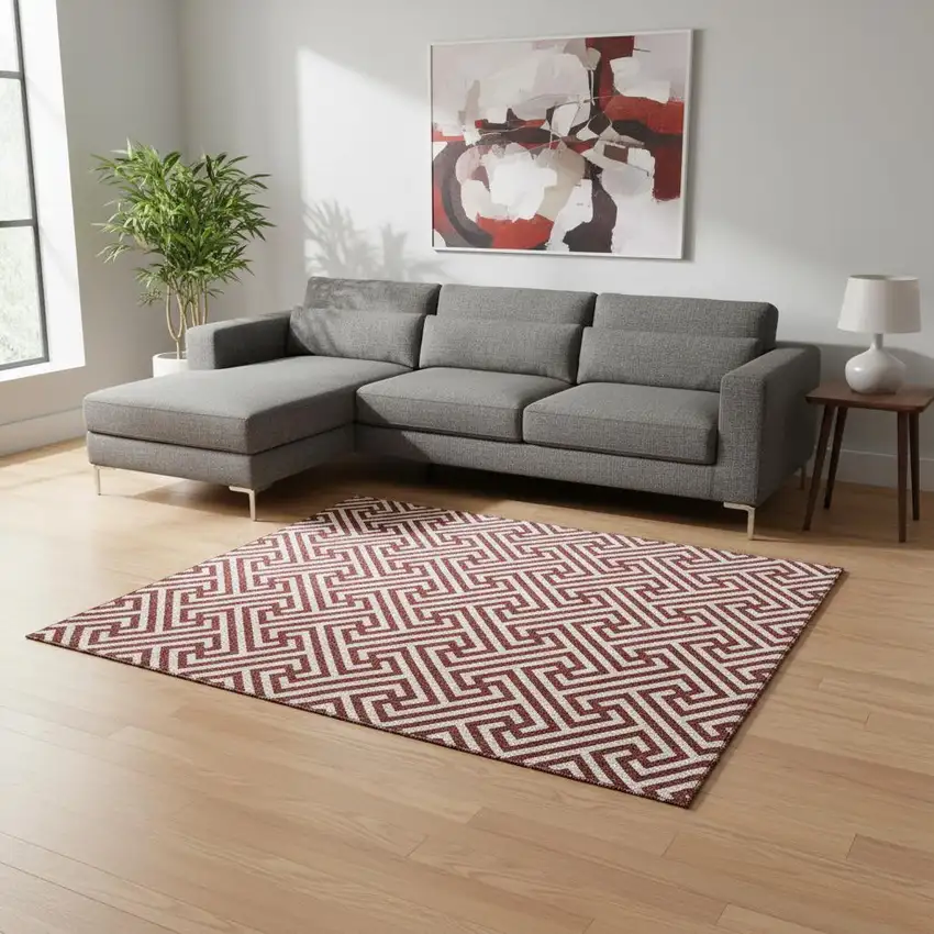 Merlot And Ivory Geometric Washable Area Rug With UV Protection Photo 2