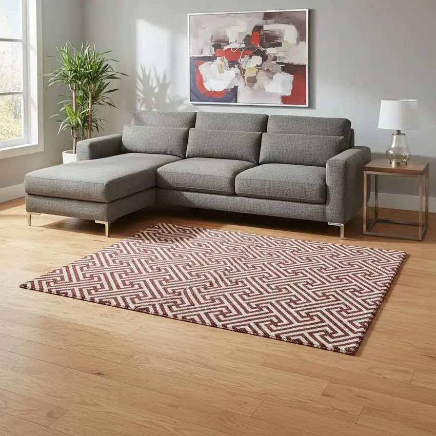 Merlot And Ivory Geometric Washable Area Rug With UV Protection Photo 2