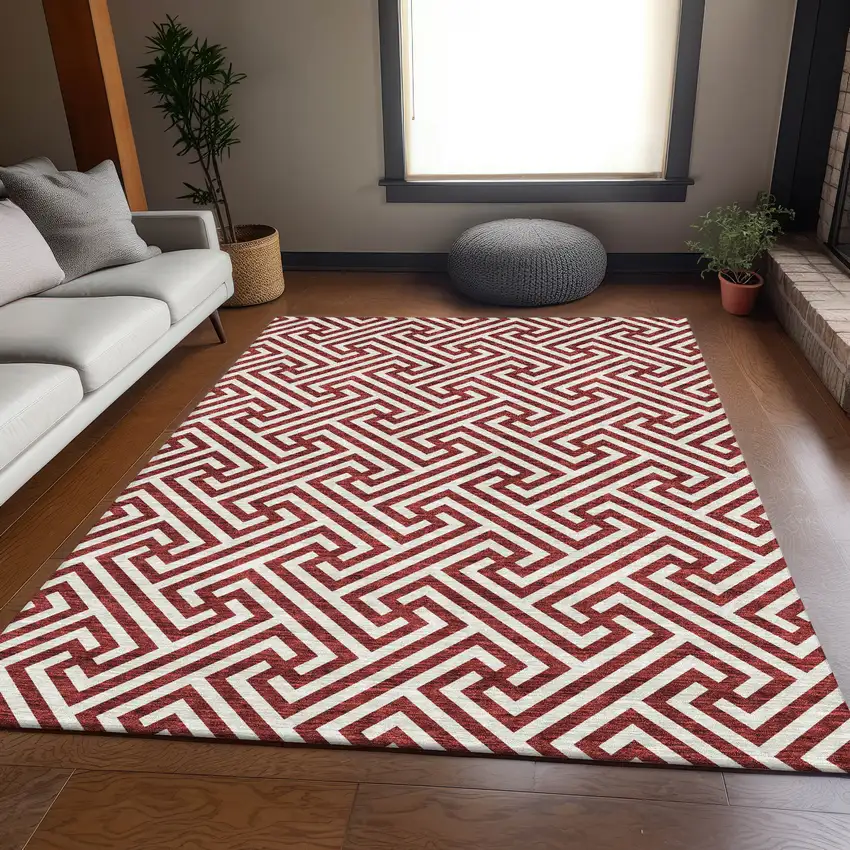 Merlot And Ivory Geometric Washable Indoor Outdoor Area Rug Photo 8