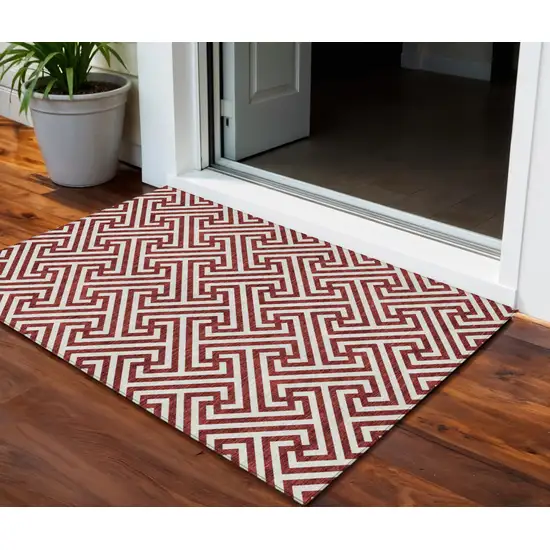 Merlot And Ivory Geometric Washable Indoor Outdoor Area Rug Photo 1