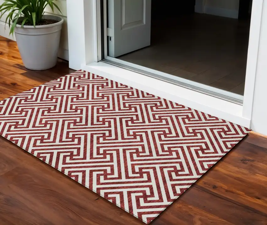 Merlot And Ivory Geometric Washable Indoor Outdoor Area Rug Photo 1