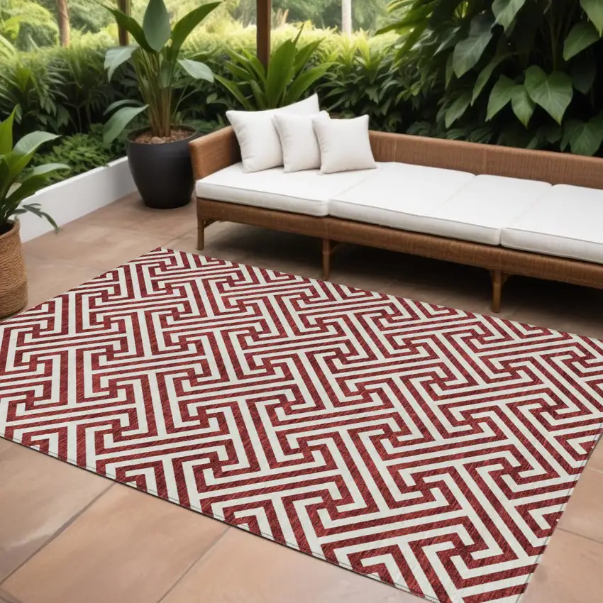 Merlot And Ivory Geometric Washable Indoor Outdoor Area Rug Photo 1
