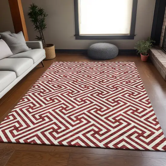 Merlot And Ivory Geometric Washable Indoor Outdoor Area Rug Photo 7