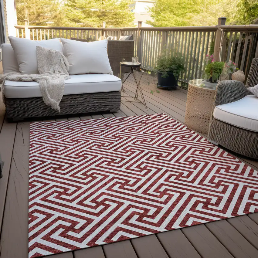 Merlot And Ivory Geometric Washable Indoor Outdoor Area Rug Photo 9