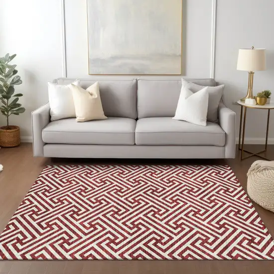 Merlot And Ivory Geometric Washable Indoor Outdoor Area Rug Photo 8