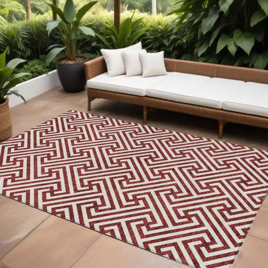Merlot And Ivory Geometric Washable Indoor Outdoor Area Rug Photo 1