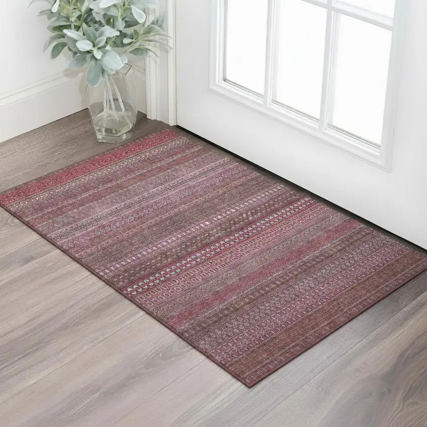 Merlot And Ivory Striped Washable Area Rug With UV Protection Photo 1