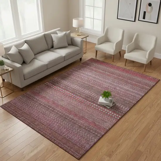 Merlot And Ivory Striped Washable Area Rug With UV Protection Photo 2