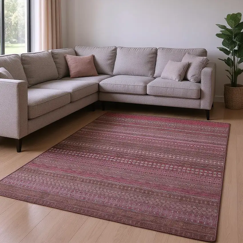 Merlot And Ivory Striped Washable Area Rug With UV Protection Photo 2