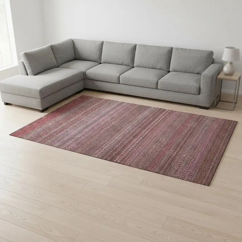 Merlot And Ivory Striped Washable Area Rug With UV Protection Photo 1