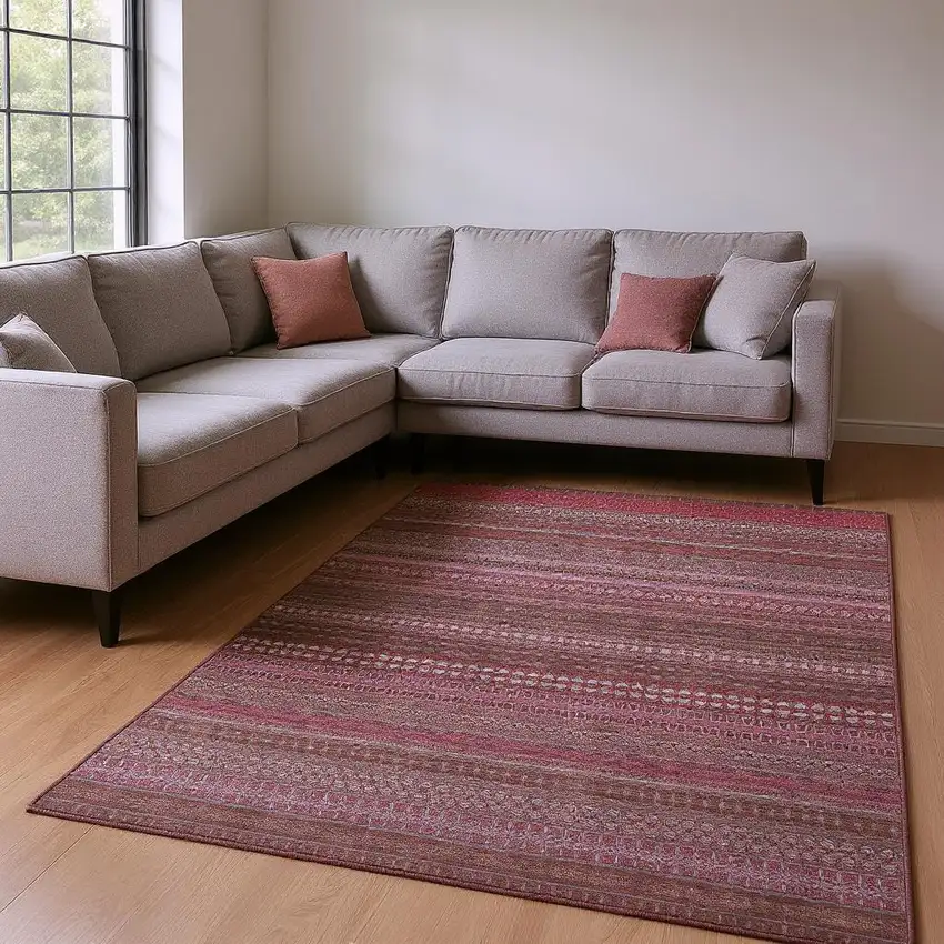 Merlot And Ivory Striped Washable Area Rug With UV Protection Photo 2