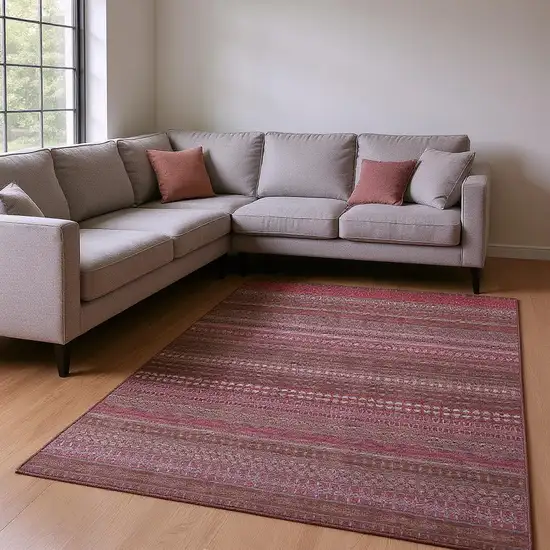 Merlot And Ivory Striped Washable Area Rug With UV Protection Photo 2