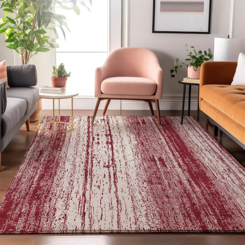 Merlot And Ivory Striped Washable Area Rug With UV Protection Photo 4