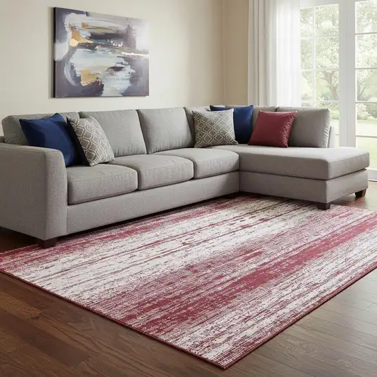 Merlot And Ivory Striped Washable Area Rug With UV Protection Photo 1