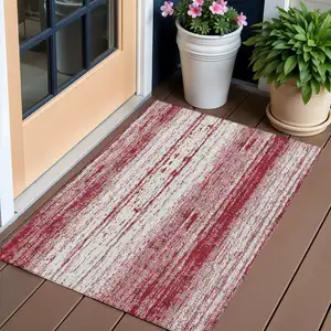 Photo of Merlot And Ivory Striped Washable Indoor Outdoor Area Rug