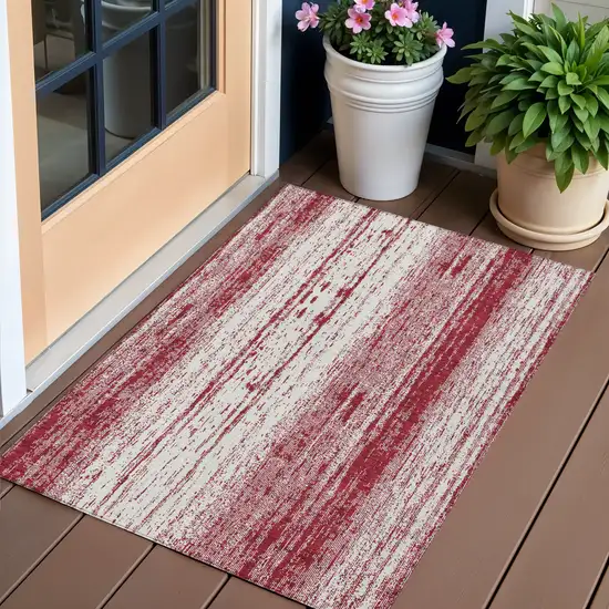 Merlot And Ivory Striped Washable Indoor Outdoor Area Rug Photo 1