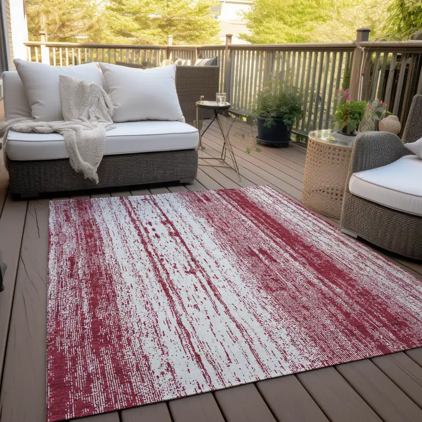 Merlot And Ivory Striped Washable Indoor Outdoor Area Rug Photo 9