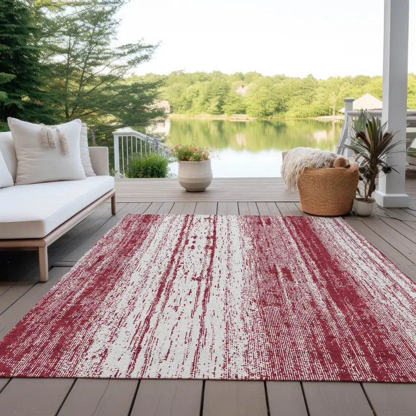 Merlot And Ivory Striped Washable Indoor Outdoor Area Rug Photo 8
