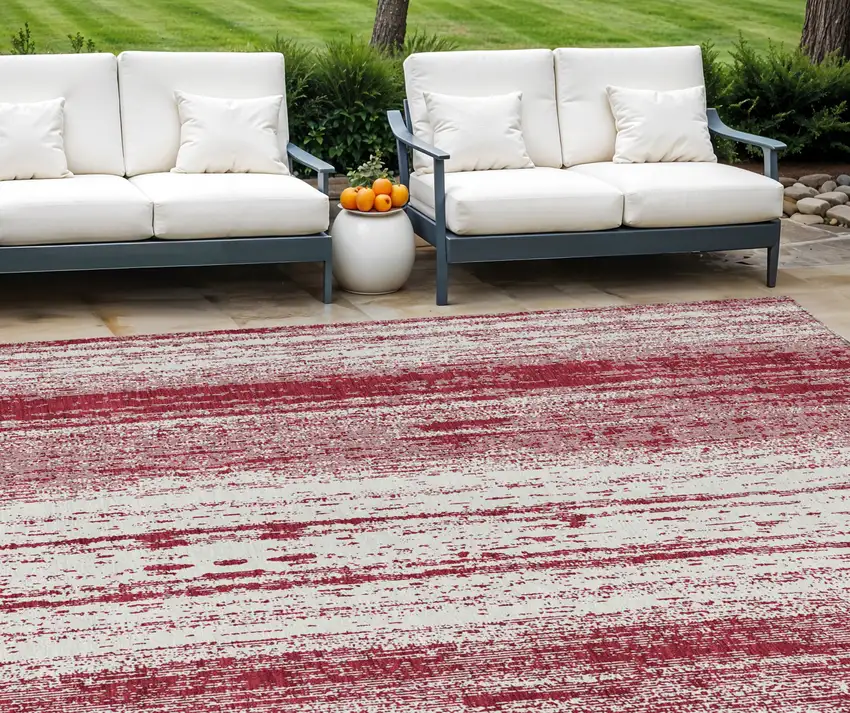 Merlot And Ivory Striped Washable Indoor Outdoor Area Rug Photo 1