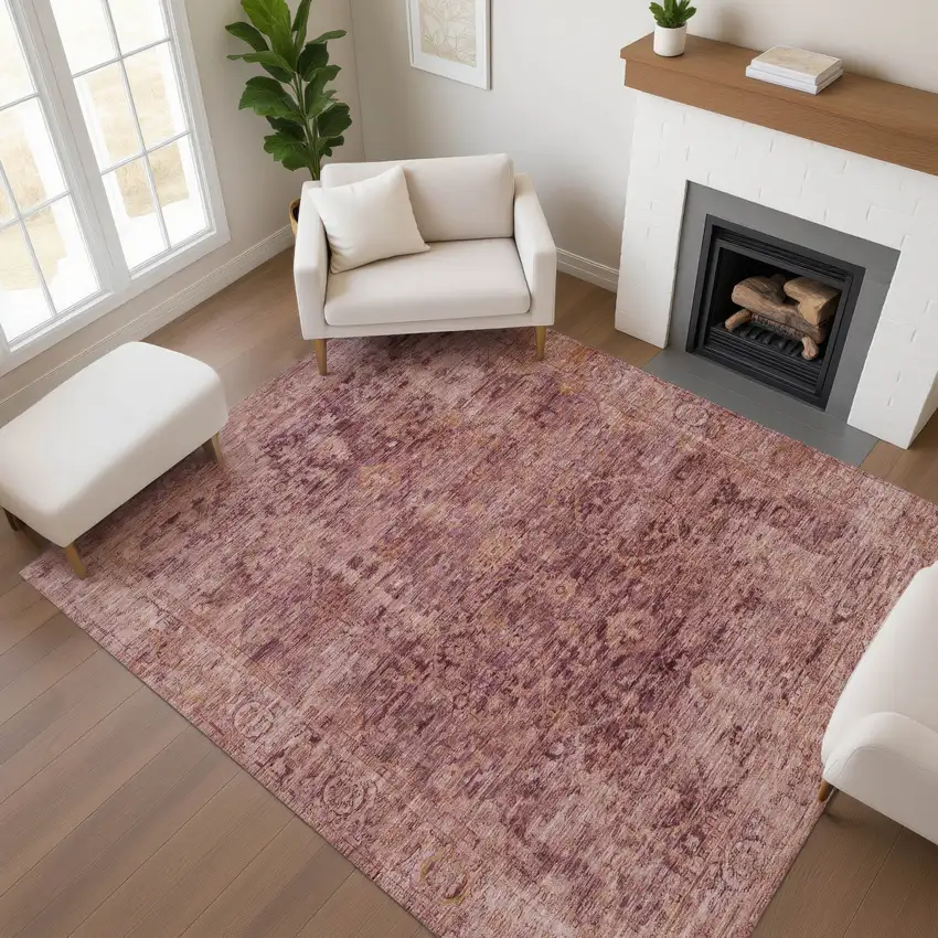 Merlot And Pink Oriental Washable Area Rug With UV Protection Photo 4