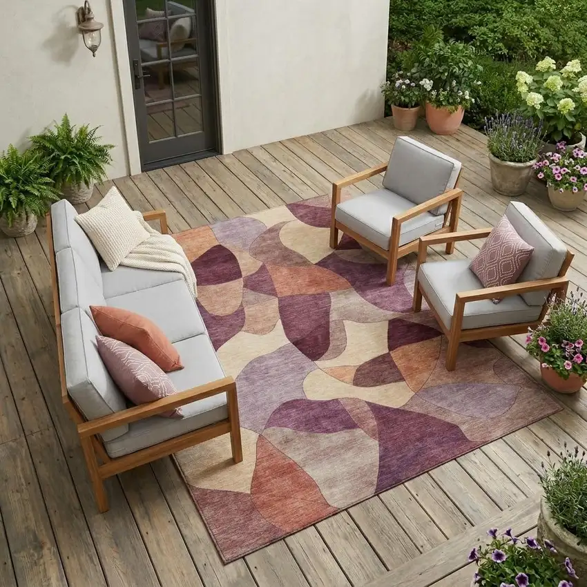 Merlot And Red Abstract Washable Indoor Outdoor Area Rug Photo 1