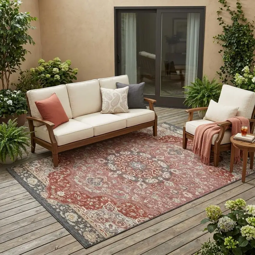 Merlot And Red Oriental Washable Indoor Outdoor Area Rug Photo 1