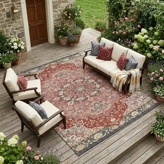 Merlot And Red Oriental Washable Indoor Outdoor Area Rug Photo 1