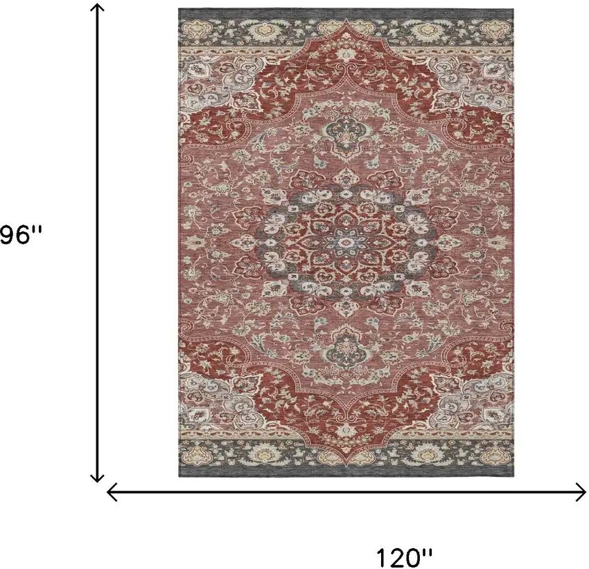 Merlot And Red Oriental Washable Indoor Outdoor Area Rug Photo 5
