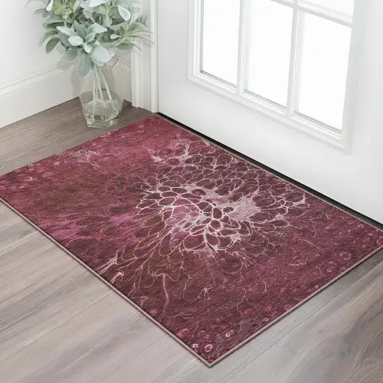 Merlot And Silver Abstract Washable Area Rug With UV Protection Photo 2