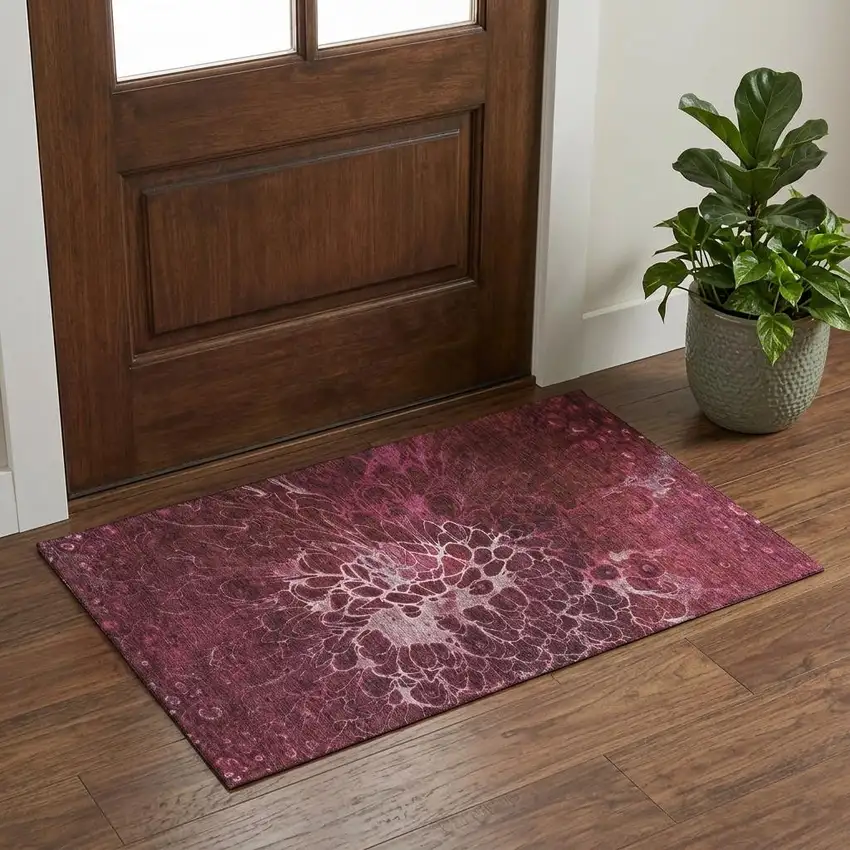 Merlot And Silver Abstract Washable Area Rug With UV Protection Photo 1