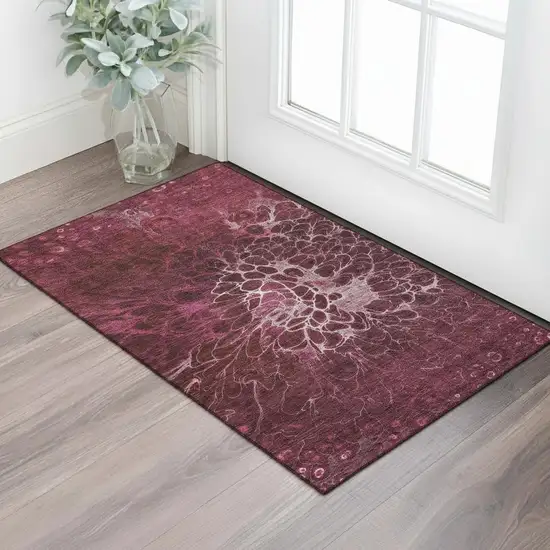 Merlot And Silver Abstract Washable Area Rug With UV Protection Photo 1