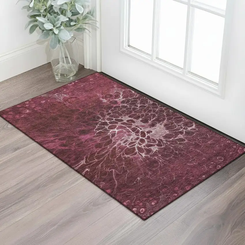 Merlot And Silver Abstract Washable Area Rug With UV Protection Photo 1