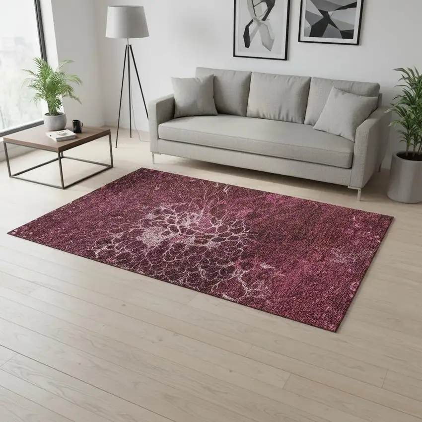 Merlot And Silver Abstract Washable Area Rug With UV Protection Photo 3