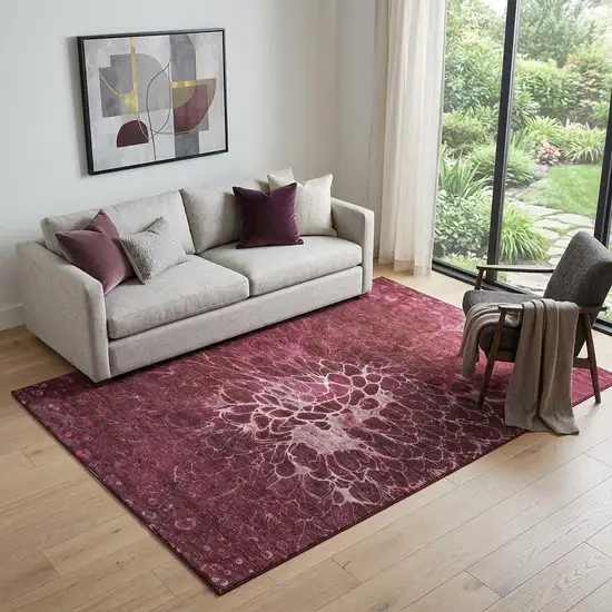 Merlot And Silver Abstract Washable Area Rug With UV Protection Photo 1