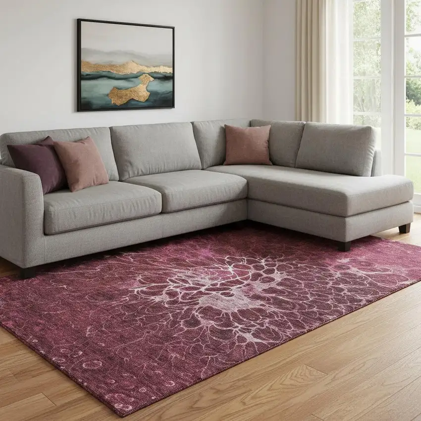 Merlot And Silver Abstract Washable Area Rug With UV Protection Photo 1