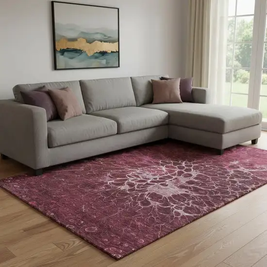 Merlot And Silver Abstract Washable Area Rug With UV Protection Photo 1