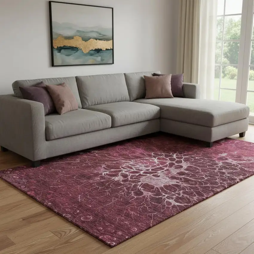 Merlot And Silver Abstract Washable Area Rug With UV Protection Photo 1