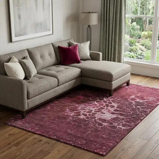 Merlot And Silver Abstract Washable Area Rug With UV Protection Photo 1