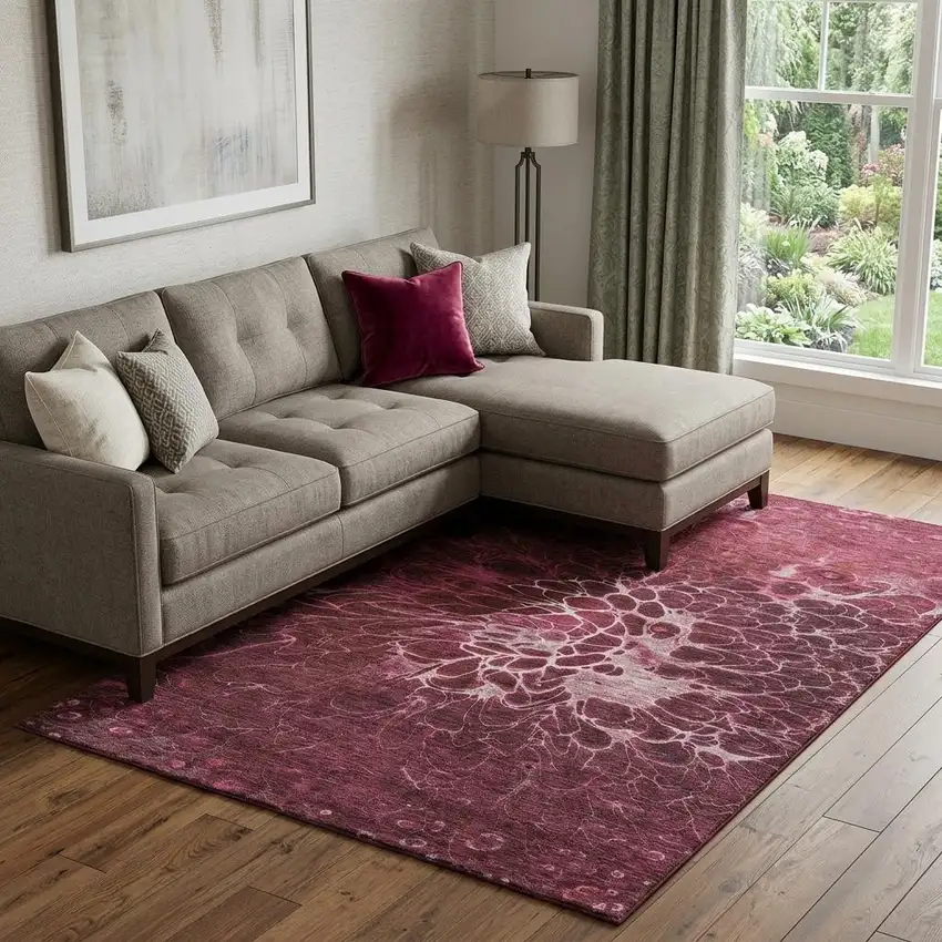 Merlot And Silver Abstract Washable Area Rug With UV Protection Photo 1