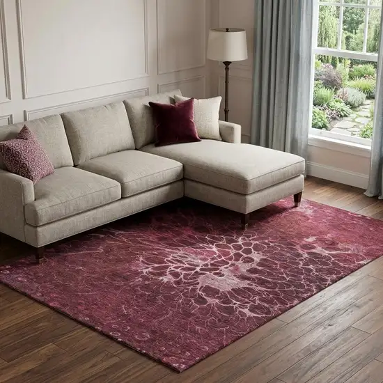 Merlot And Silver Abstract Washable Area Rug With UV Protection Photo 1