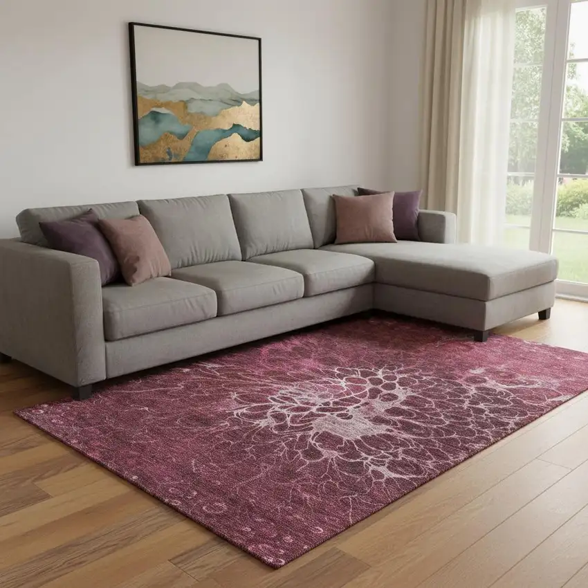 Merlot And Silver Abstract Washable Area Rug With UV Protection Photo 1