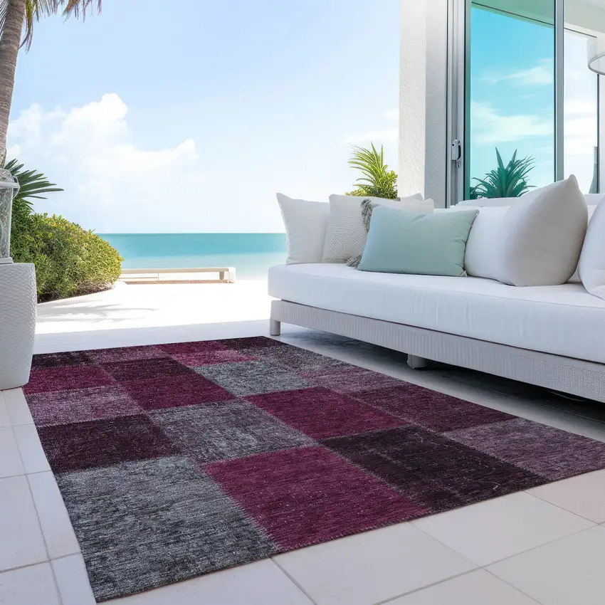 Merlot Burgundy And Gray Patchwork Washable Indoor Outdoor Area Rug Photo 8