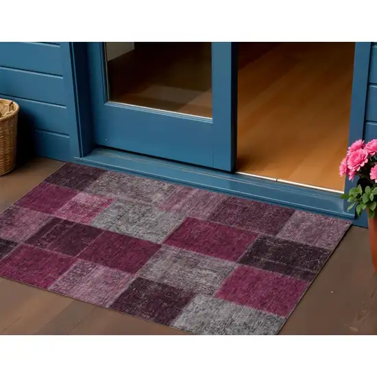 Merlot Burgundy And Gray Patchwork Washable Indoor Outdoor Area Rug Photo 1