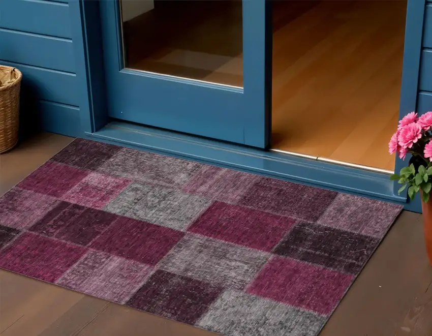 Merlot Burgundy And Gray Patchwork Washable Indoor Outdoor Area Rug Photo 1